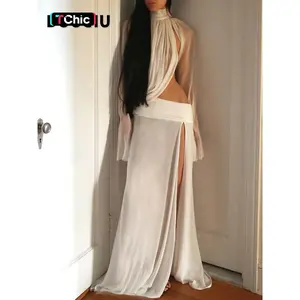 Summer beach vacation yacht party sexy hot and cool women's thin style solid color mesh transparent long sleeved top two-piece set