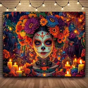 Colorful Sugar Skull Wall Tapestry for Home Decor, Artistic Floral and Candle Wall Hanging, Unique Skull Art for Bedroom, Dorm, or Party Decoration
