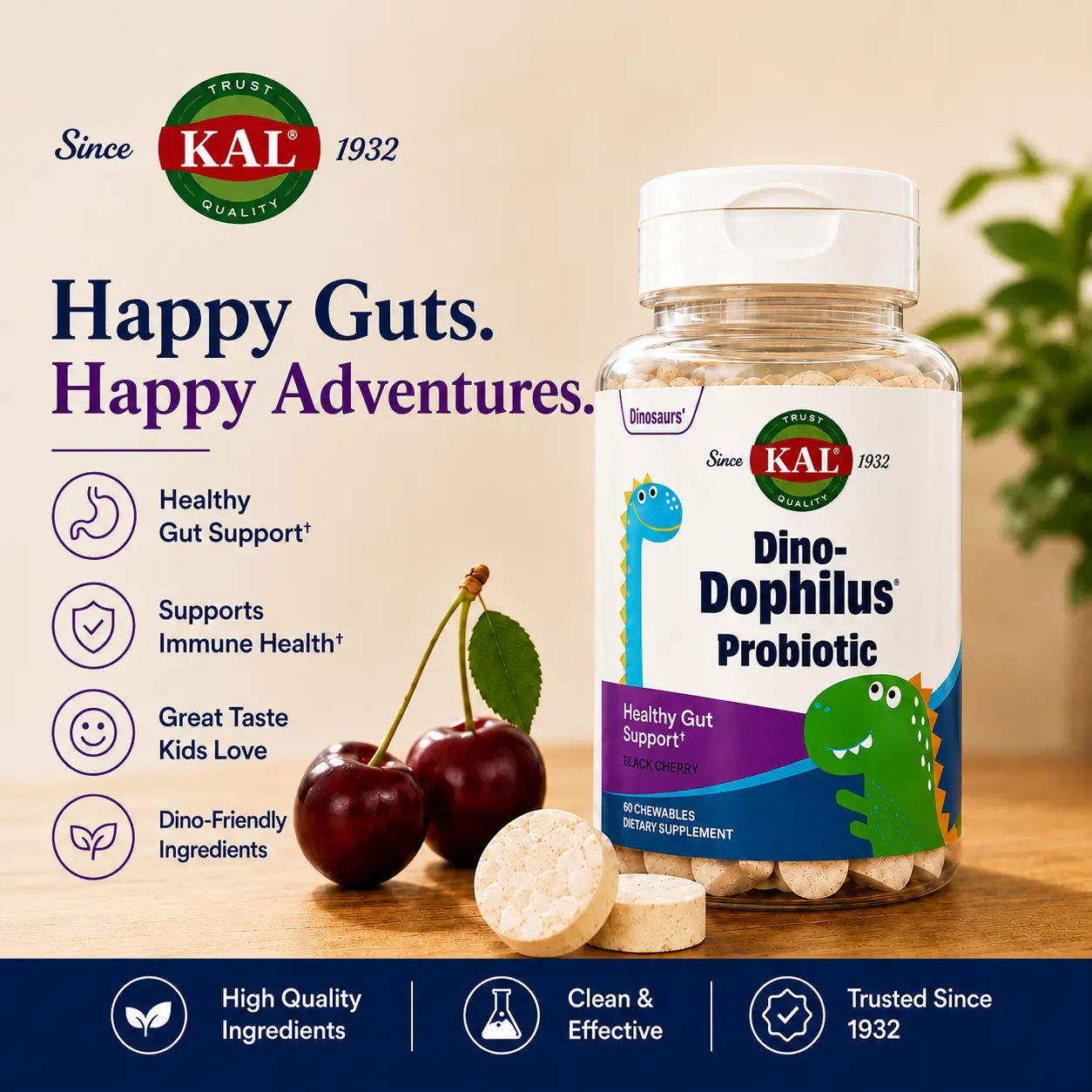 KAL Dino-Dophilus Kids Probiotic Chewables — 2 Billion CFU — Kids Gut Support