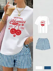 Women's Casual Everyday Short Sleeve T-Shirt and Shorts Set, Y2K Style Cherry Print Striped Shorts, Comfortable Breathable Fabric, Spring, Summer, Clothes, Womenswear