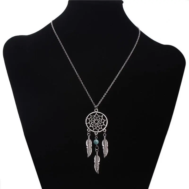 Bohemian Dream Catcher Pendant Necklace for Women, Silver-Tone Alloy with a Feather Tassel and Blue Bead, Vintage Link Chain Jewelry Gift, Boho Necklaces, Chain & Link, Beads, Women's Fashion, Plated Metal, Alternative Fashion Necklaces