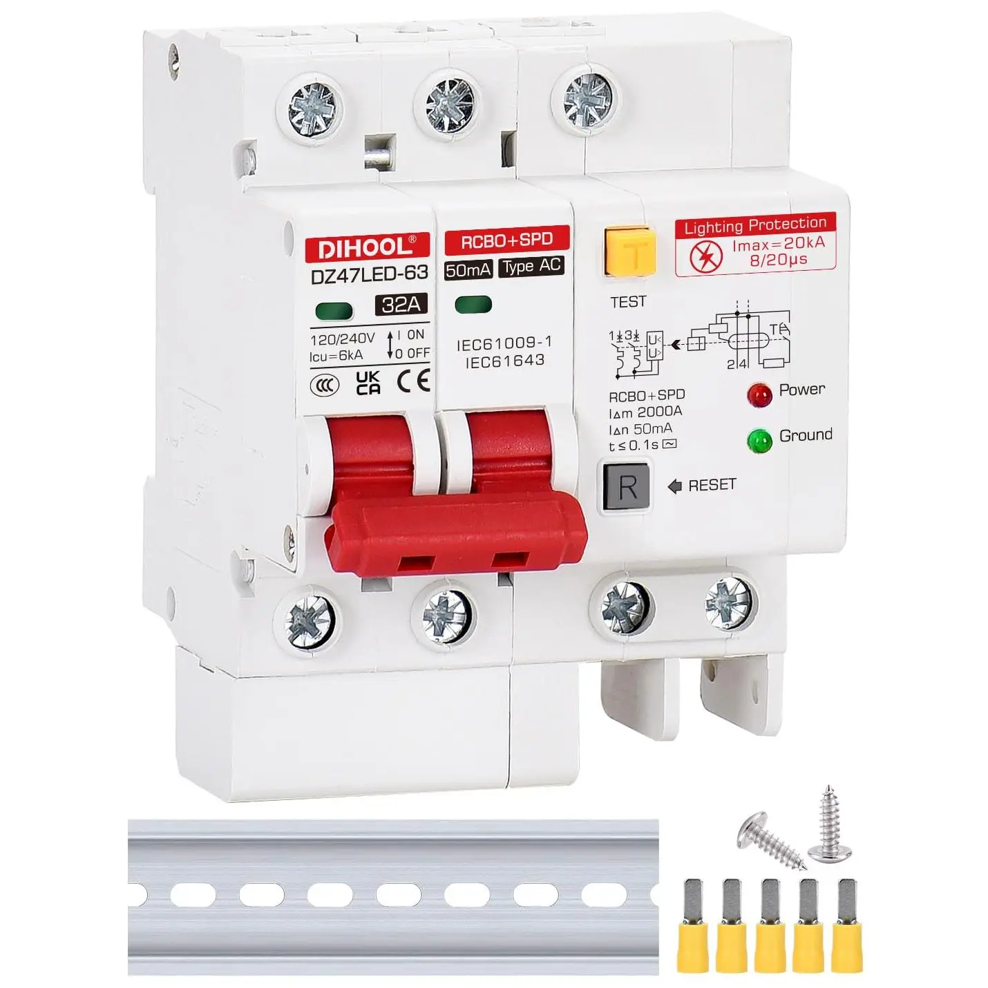2-Pole 32A DIN Rail Mount Ground Fault Circuit Breaker Protector with LED Light, AC 120V-240V, Voltage Surge Arrester Protection