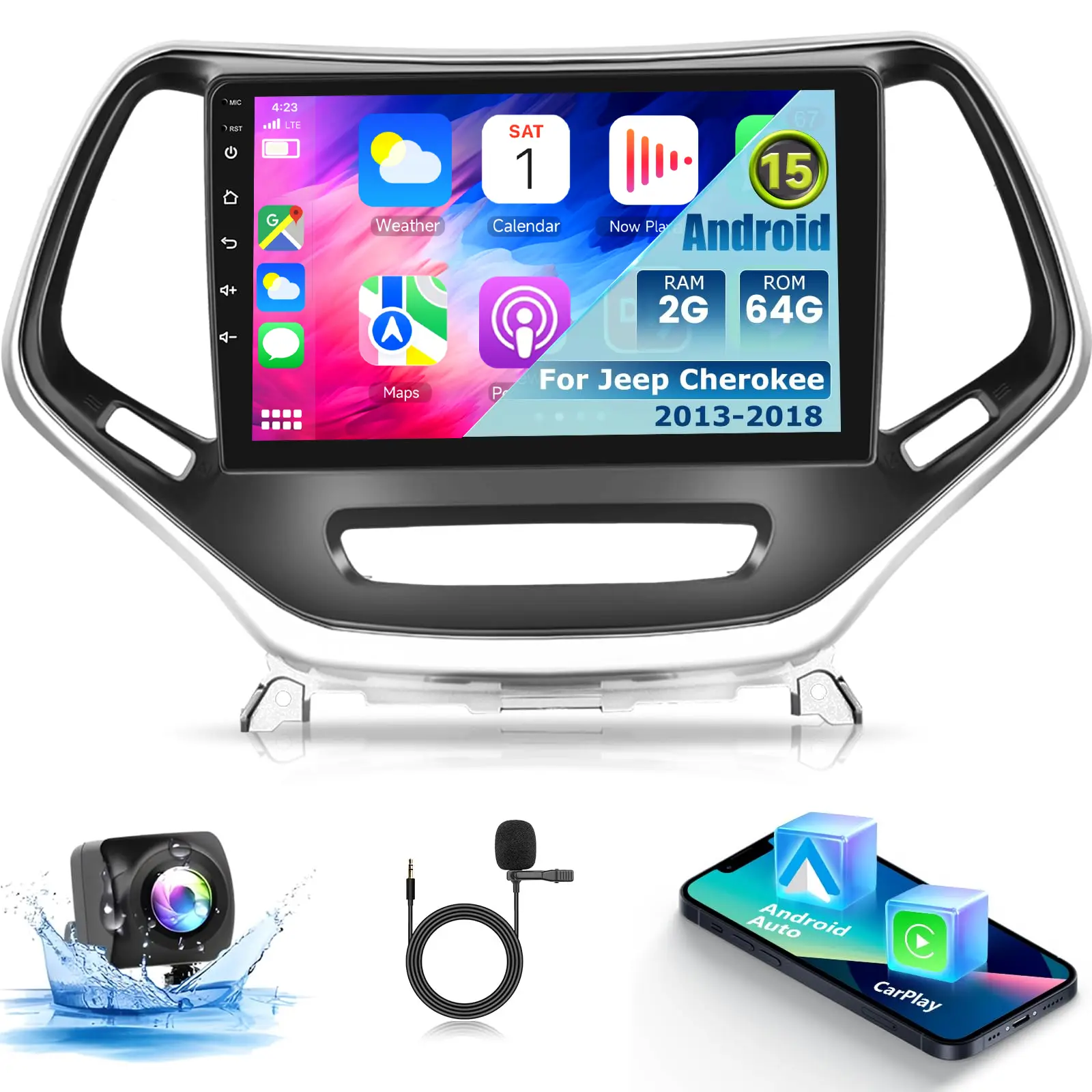 Summervibes 10-Inch Android Touchscreen Car Stereo for Jeep Cherokee 2013-2018, 2G+64G GPS Navigation, FM RDS Radio, CarPlay Compatible, Android Auto, EQ Audio, 1080P, SWC, Bluetooth, Father's Day Gift, Car Audio, Carplay Device Car Video Players
