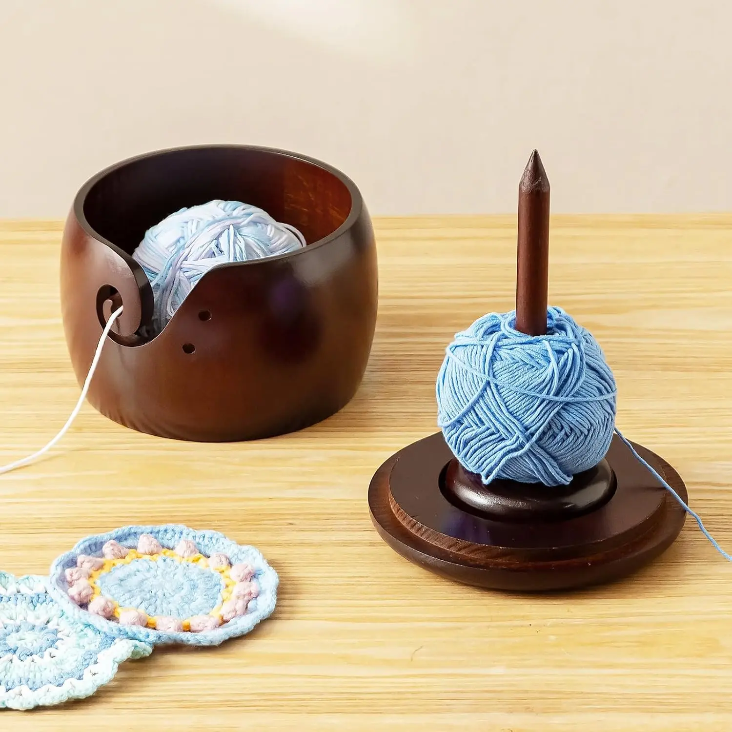 Baffect Wooden Yarn Bowl With Removable Yarn Holder (6.3" X 6.3" X 4.7in) | Large Crochet Bowl With Lid & Handmade Holes, 2 In 1 Knitting Bowls For Wool Spinnering & Storage Gift