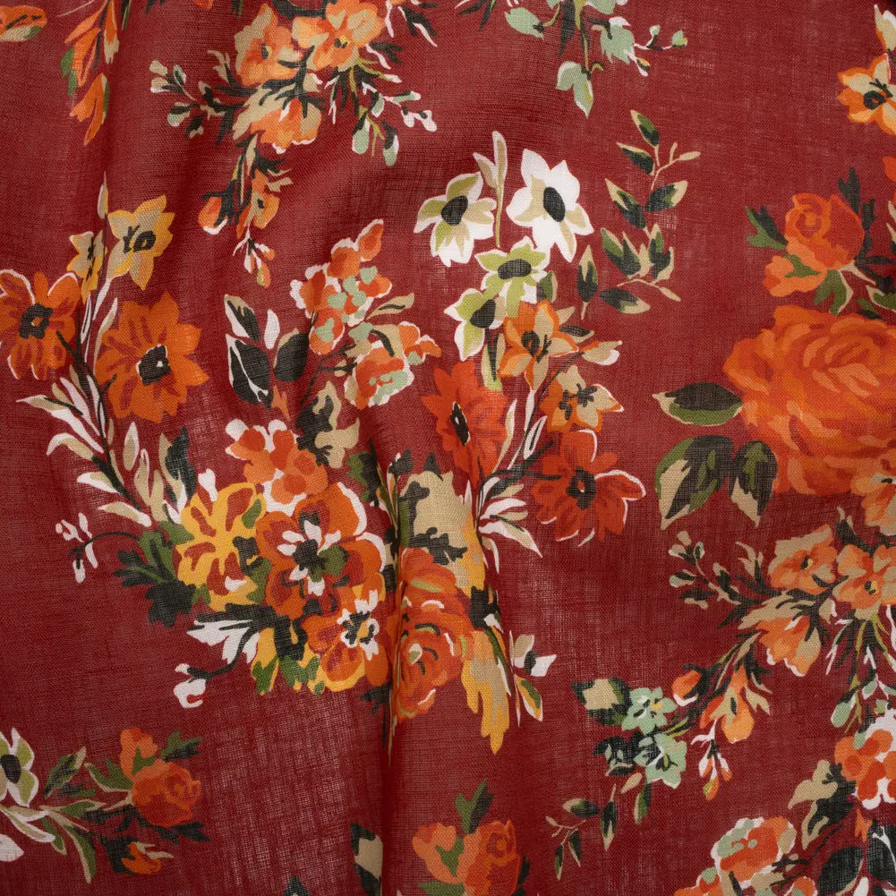 Medium Weight Linen Woven Print - Wine Red, Green and Dark Orange Floral