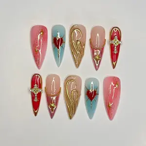 Alice WonderNails – Elegant Red Heart Nails with French Cross Tips | Chic Press On Nail Design in Almond Shape for Gift, Date, or Holiday Look – AW225