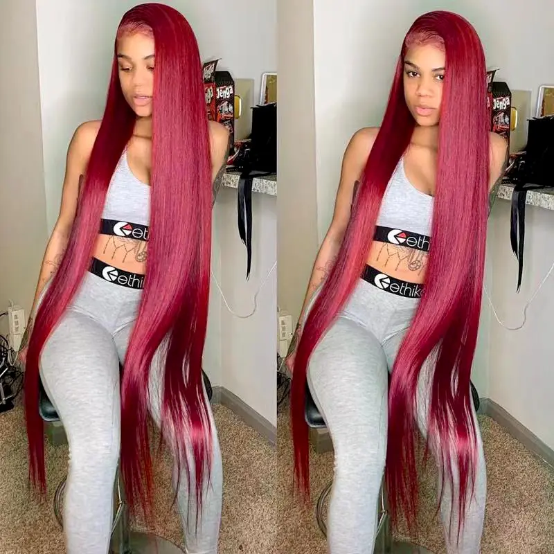 30 34 Inch Burgundy Bone Straight 99J Colored 13x4 Lace Front Wig 100% Human Hair 13x6 HD Transparent Silky Straight Lace Frontal Wigs For Women On Sale