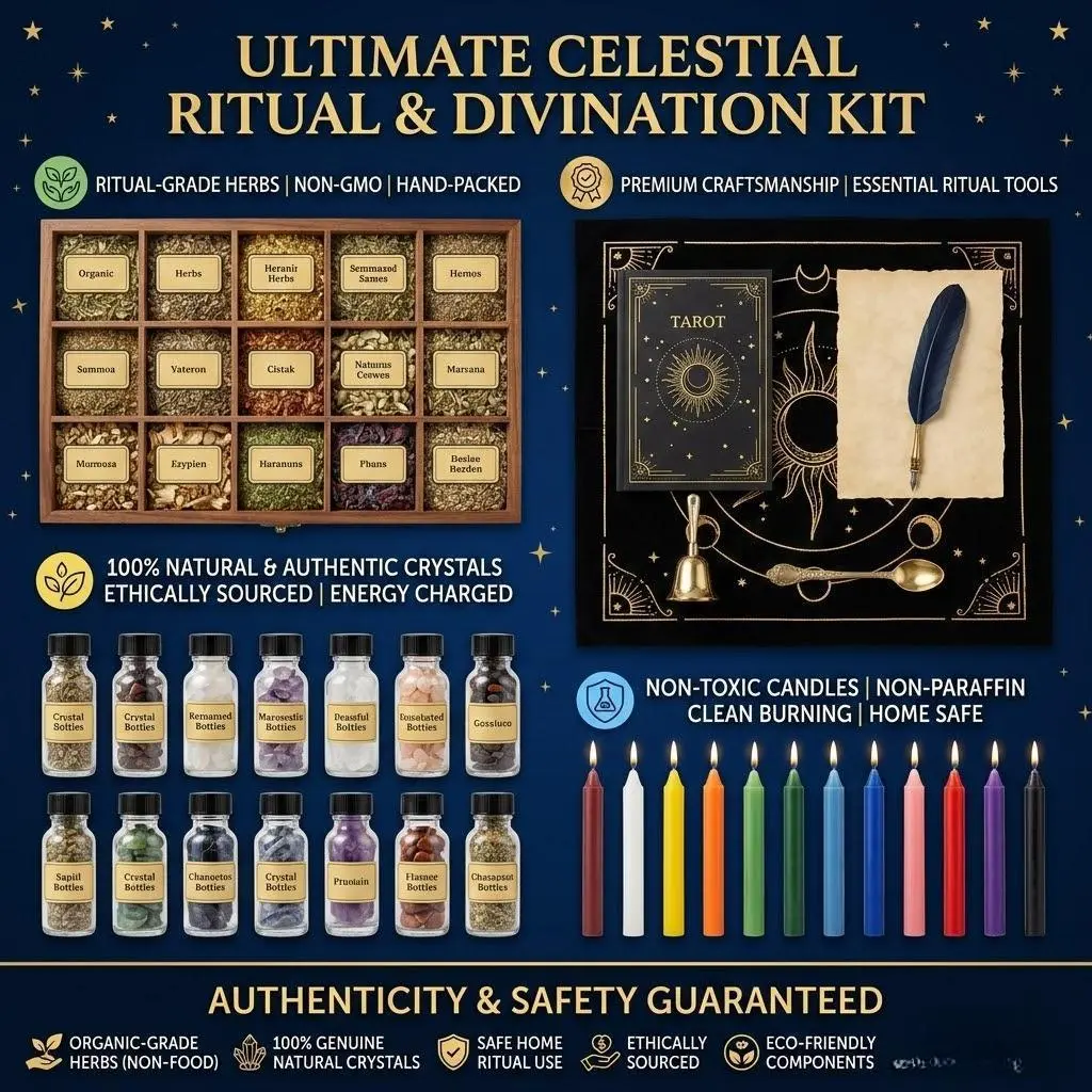 64-Piece Witchcraft Altar Kit Gift Box - Wiccan Ritual Supplies, Apothecary Herbs (Alfalfa, Cinnamon), Crystals, Candle Magic Set for Beginners' Spellwork