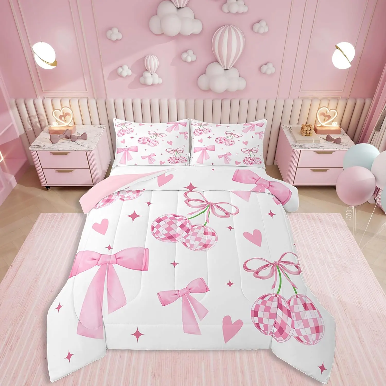 Cute Bowknots Bedding ,Western Cherry Disco Ball Comforter Set,Hand Drawn Love Heart Down Comforter,Dreamy Stars Duvet Insert
