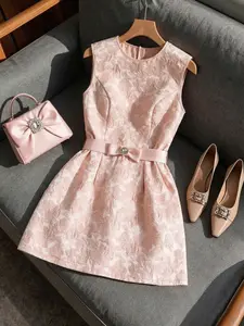 Womens Elegant Sleeveless Jacquard Dress, Pink Embossed Floral A-Line Mini Dress with Rhinestone Bow Belt, Fit and Flare Cocktail Dress for Wedding, Party, Daily Wear