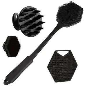 Silicone Body Brush Set of 4, Shower Brush, Long Handle Back Scrubber, Short Bath Brush, Hairbrush, Face Wash Brush, Complete Grooming Kit
