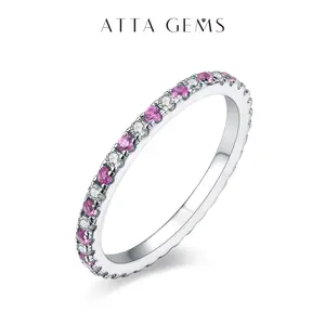 ATTA GEMS Stackable Lab-Created Moissanite Ring for Women Pink Saphire 925 Sterling Silver Eternity Wedding Band Fine Jewelry For Anniversary Party Gift [#R01]