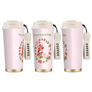 1pc Strawberry Girl Coffee Cup Cartoon, Cute Pink Sweet Style, 18oz Leakproof Insulated Thermos Mug, Perfect for Milk, Coffee & Juice, Ideal for Office, Home, Travel, Gift Idea