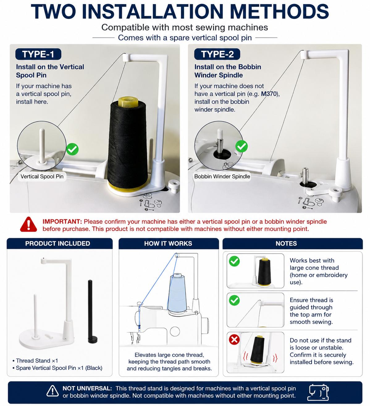 Sewing Machine Thread Stand for Large Cone Thread, Dual Installation Vertical Spool Holder, Anti-Tangle Thread Guide Compatible with Selected Brother & Singer Machines