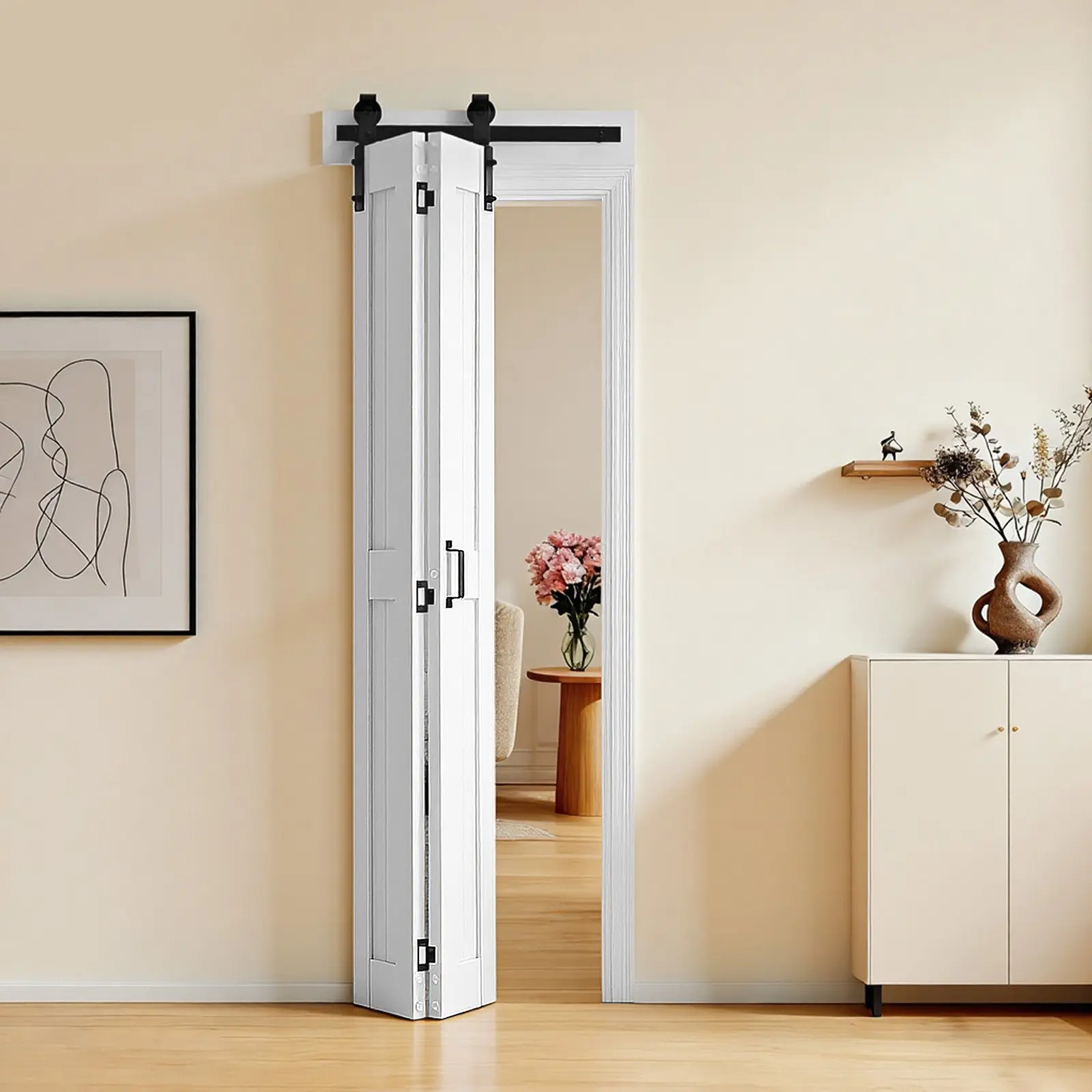 VEVOR White Bi-Fold Barn Door, 24x84x1.38 In H-Frame MDF Panels Doors, 65.7 lbs, Pre-Drilled Holes, Minimal Noise, Hardware Kit & Manual Included, Easy Assembly, for Bedroom & Room Divider