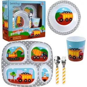 Bentology 5 Pc Mealtime Set for Kids & Toddlers, Construction Theme- Includes Divided Plate, Bowl, Fork & Spoon - Dishwasher Safe, BPA Free- Cute Compartment Dish to Put Food in 4 Sections for Easy Self-Feeding