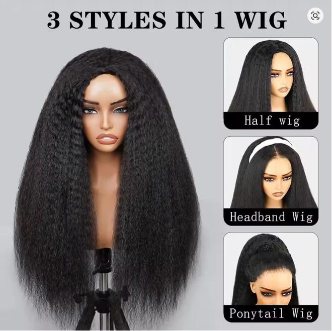 Bling Hair Kinky Straight Half Wigs Glueless 3 IN 1 Half Wig With Drawstring 100% Human Hair Wig Seamless Clip Ins Flip Over