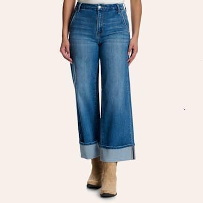 Lovervet Women’s Medium Wash High Rise Slant Pocket Cuffed Wide Leg Jeans