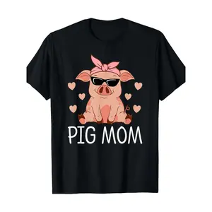 Women's 100% Cotton 220g Round Neck Short-Sleeve T-Shirt Top, Pig Mom Mother's Day Printed Casual Everyday Graphics-Infused Clothes, For Pig Lovers, Made in USA