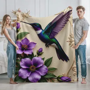 Hummingbird and Purple Flower Printed Cozy Blanket for Living Room and Bedroom Use Ideal for Nature Lovers Perfect Gift for Christmas Thanksgiving Mother's Day Housewarming and Birthday Presents in Soft Durable Materia Floral Print Blanket