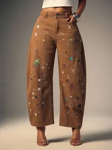 X Scot Louie Women Fashion Ink Jet Print Barrel Leg Jeans