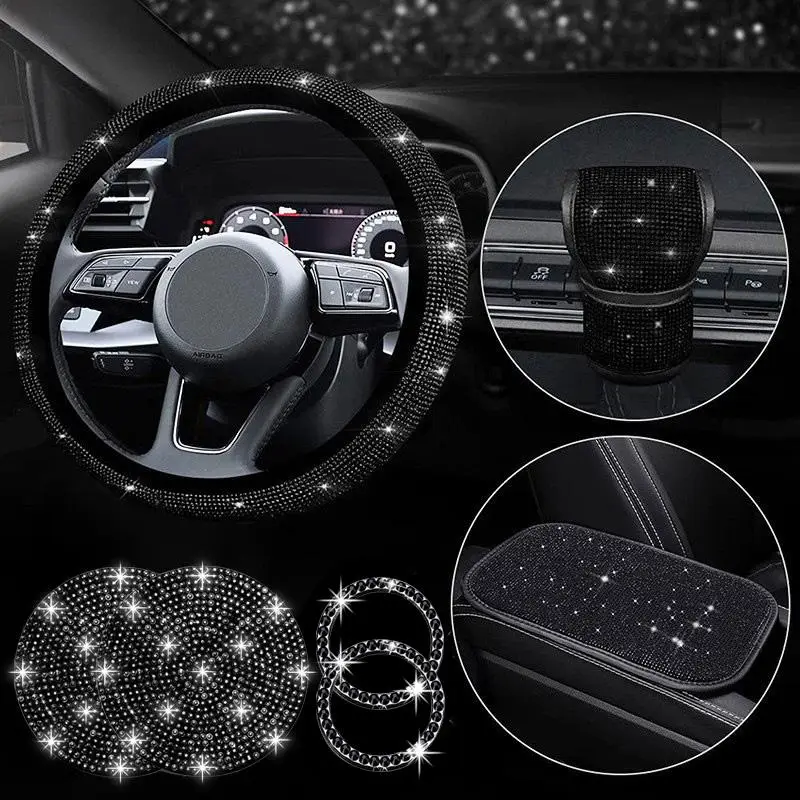 Rhinestone Car Steering Wheel Accessories, Car Start Button Decorative Ring, Car Cup Holder Coaster, Car Gear Shift Cover, Car Armrest Box Cover