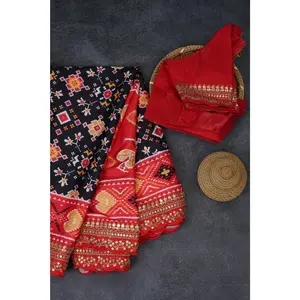Satin Silk Patola Saree in Imperial Black & Red Ikkat design with Stitched Blouse