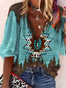 Women's Ethnic Pattern Button Front Blouse, Casual Bishop Sleeve Round Neck Top for Summer, Ladies Clothes for Daily Wear