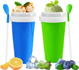 Portable 2PCS Double-Layer Summervibes Squeeze Slushie Maker Cups, Washable Kitchen Utensils with Lid & Straw, DIY Quick-Frozen Cups for Homemade Milk Shakes & Ice Cream, Kids' Birthday Gifts (Blue+Green)