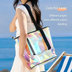 PVC Holographic Handheld Storage Bag, Iridescent Waterproof Toiletry Bag, Beach Vacation Tote Bag for Swimwear Organizer