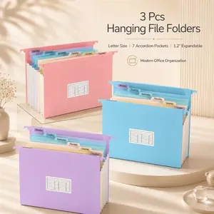 Hanging File Folders for Filing Cabinet, 3pcs Expanding File Organizer with 7 Accordion Pockets, 3.05 cm Expandable Letter Size File Folders, 50% Wheat Straw Office Storage Supplies with Multi-Color Tabs