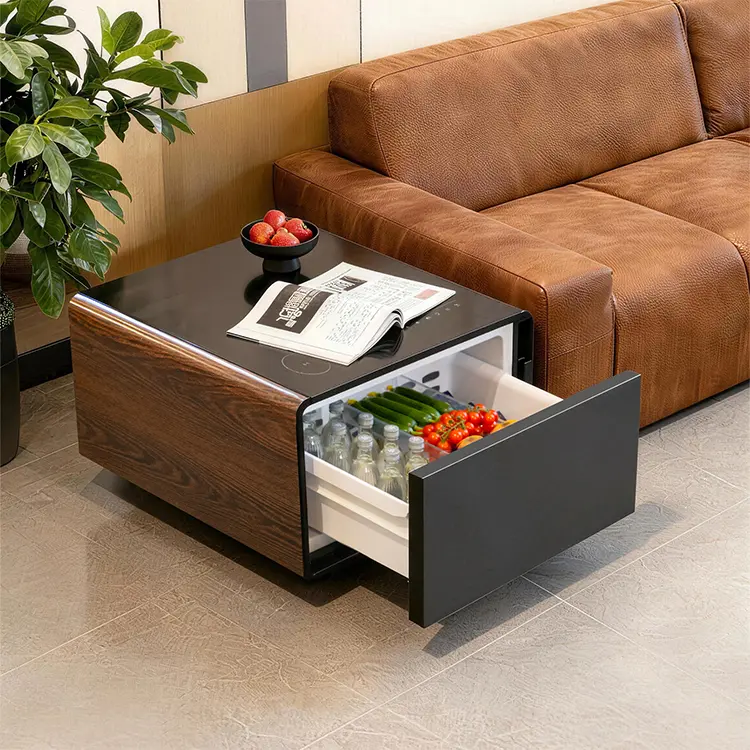 Sofa Table with Fridge, Smart Side Table with Wireless Charging, USB Chargers & LED Light, Mini Fridge Coffee Table for Living Room
