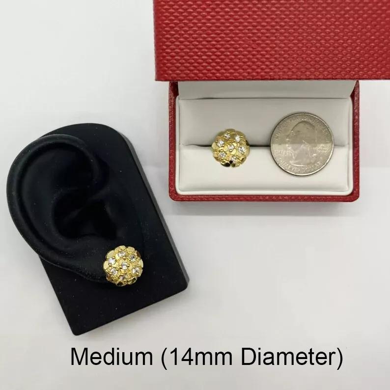 14K Gold Plated Brass Golden Nugget Cookie Stud Earrings with Cubic Zirconia Unisex 4 Sizes 12mm 14mm 16mm 20mm High Quality Polished