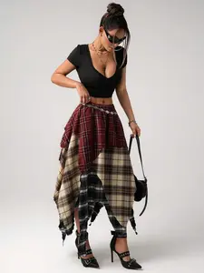 Women Elastic Waist Asymmetric Hem Plaid Low-Waist Color Block Mini Skirt Asymmetric Ruffled Hem Mixed Plaid Skirt