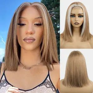 Women's 14-in Heat-Resistant Synthetic Full Machine Wig, Short Shoulder-Length Bob Wig with White Highlights and Gold Accents, Natural Center Parting