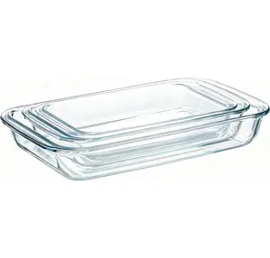 3-piece glass baking tray set, 2.3quart+1.6quart+1.0quart rectangular glass baking tray container can be used in microwave and oven, suitable for cooking, baking bread, cake and meal preparation