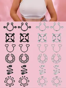 6 Pairs Fake Nipple Rings, Fake Nipple Piercing, Adjustable No-Pierced Nipple Rings, Non Piercing Body Jewelry for Women Black/Silvery Mysterious and Sexy Style