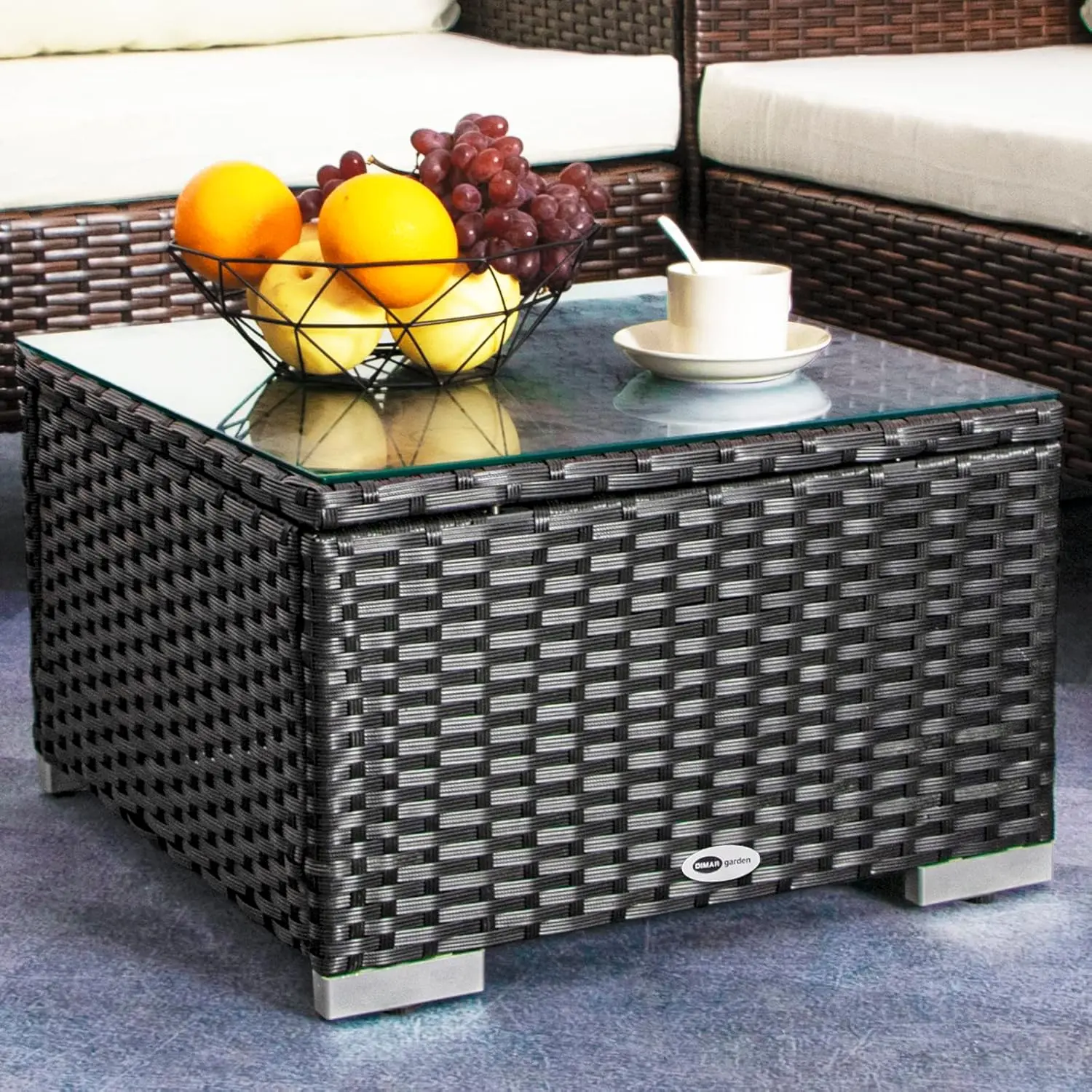 Outdoor Coffee Table Wicker Patio Side Table with Glass Top,19.7in Black