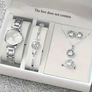 Elegant Women’s 5-Piece Silver Set – Small Dial Stainless Steel Quartz Watch with Matching Jewelry, Perfect Birthday Gift
