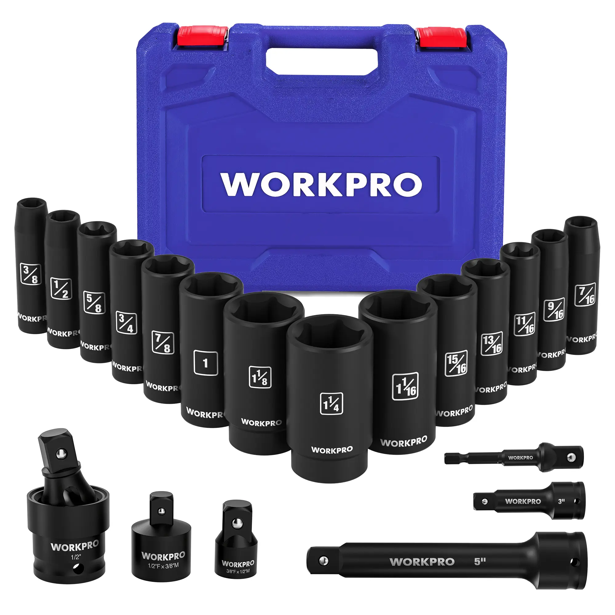 #toolupgrade WORKPRO 20-Pack 1/2＂ Drive Deep Impact Socket Set, 6-Point, Cr-V Steel, Universal Joint, Adapter and Extension Bar
