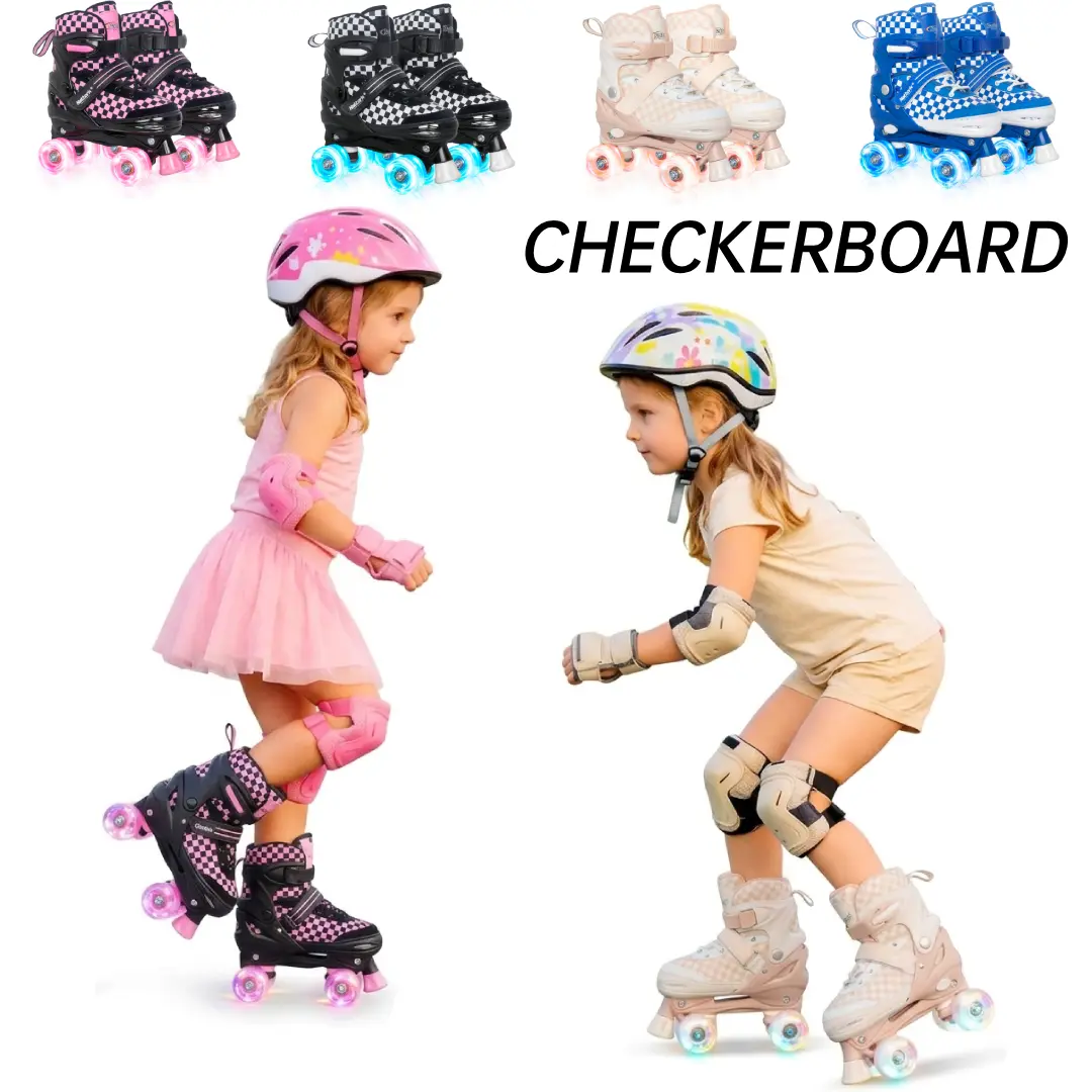 Nattork Retro Checkerboard Quad Roller Skates for Kids, 4-Size Adjustable, Light-Up PU Wheels, High-Top Ankle Support, Triple Closure, Stylish Beginner Sports Footwear Gift