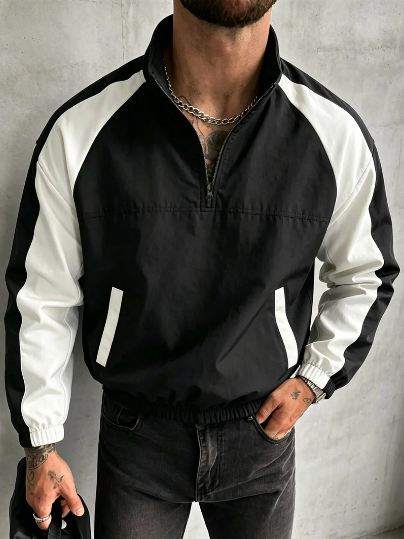 Men's Lightweight Half-Zip Casual Long Sleeve Summer Jacket Coats, Daily Wear Jackets, Classic Colorblock Design, Breathable Wrinkle-Resistant Fabric, Stand Collar, All Seasons Wear