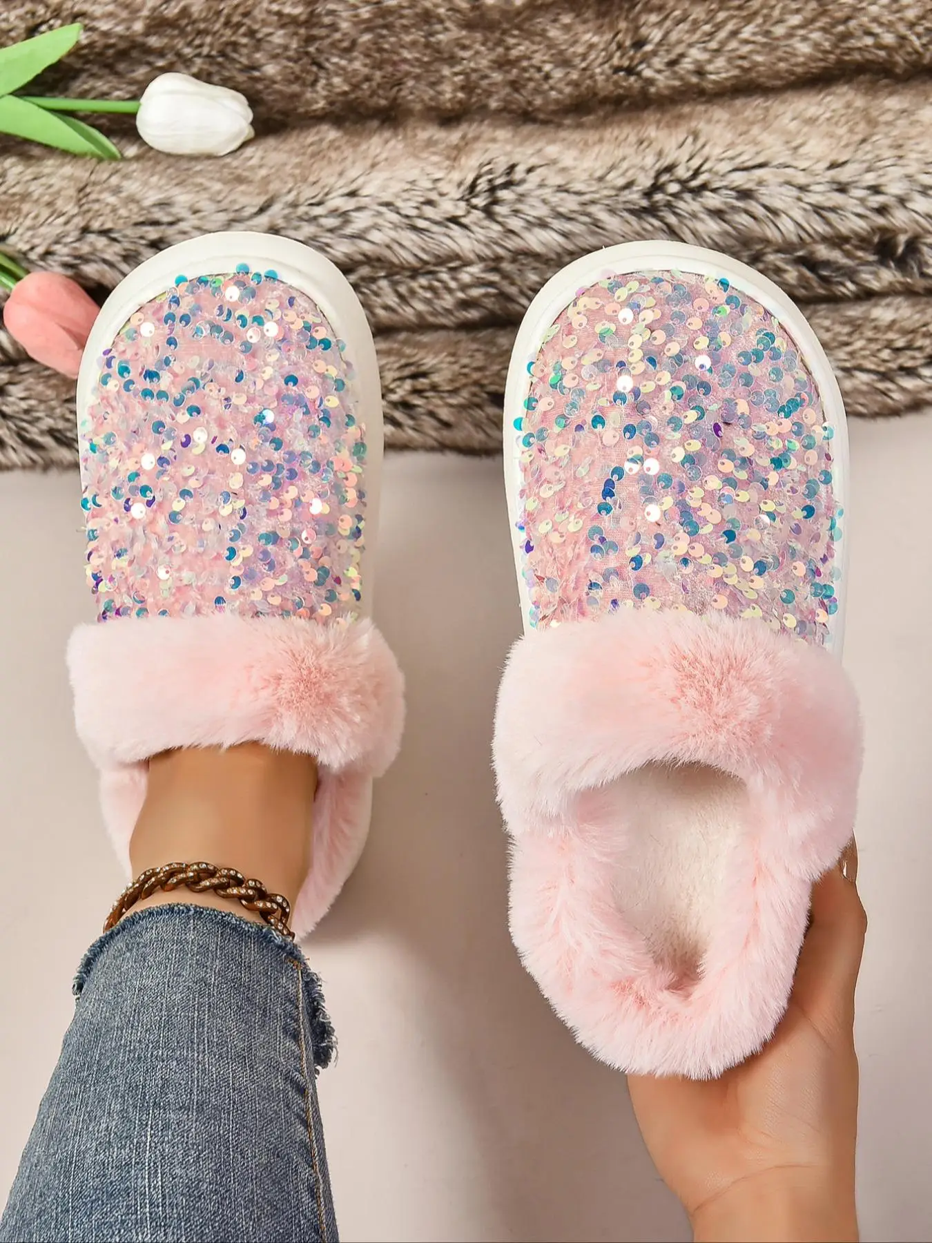 Women's Baroque Sequin Decor Plush Slippers, Casual Soft Comfortable Home Slippers, Warm Slippers for Indoor & Outdoor Use for Fall & Winter