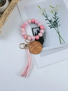 Chic Leopard Print Wooden Beaded Keychain, Mom Tag & Tassel Design, Lobster Clasp Closure, Perfect Gift for Women