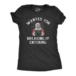 Womens Wanted for Breaking and Entering T Shirt Funny Xmas Santa Mugshot Break In for Ladies Funny Womens T Shirts Cute Vintage Fashion Casual Ladies T-Shirt Gift Christmas Tops for Women Funny Sarcastic Top Black -