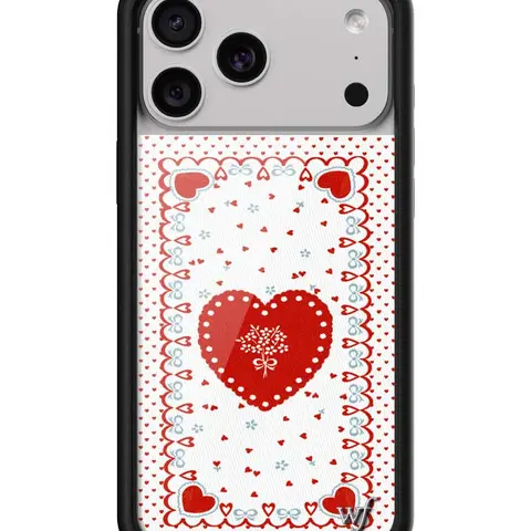 Lovers Lane | Limited Edition Trendy Collab iPhone Case | Raised Protective Black Bumper | Women Owned Small Business | Tiny Pink Hearts Heart Shape Design Blue Bows Red Heart | Safety Casing Protective | Gift for Her