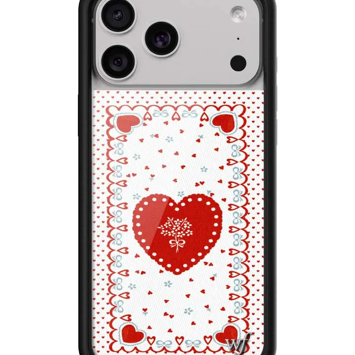 Lovers Lane | Limited Edition Trendy Collab iPhone Case | Raised Protective Black Bumper | Women Owned Small Business | Tiny Pink Hearts Heart Shape Design Blue Bows Red Heart | Safety Casing Protective | Gift for Her