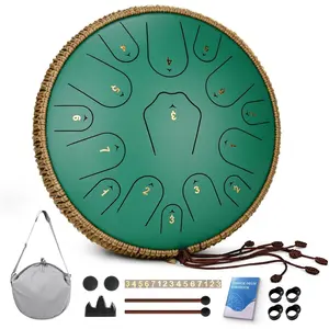 Steel Tongue Drum-14 Inch 15 Notes Tongue Drums, Steel Drum Instrument for Adults, Handpan Drums with  Book, Handpan Drum Mallet, and Carry Bag, C Major (Green)