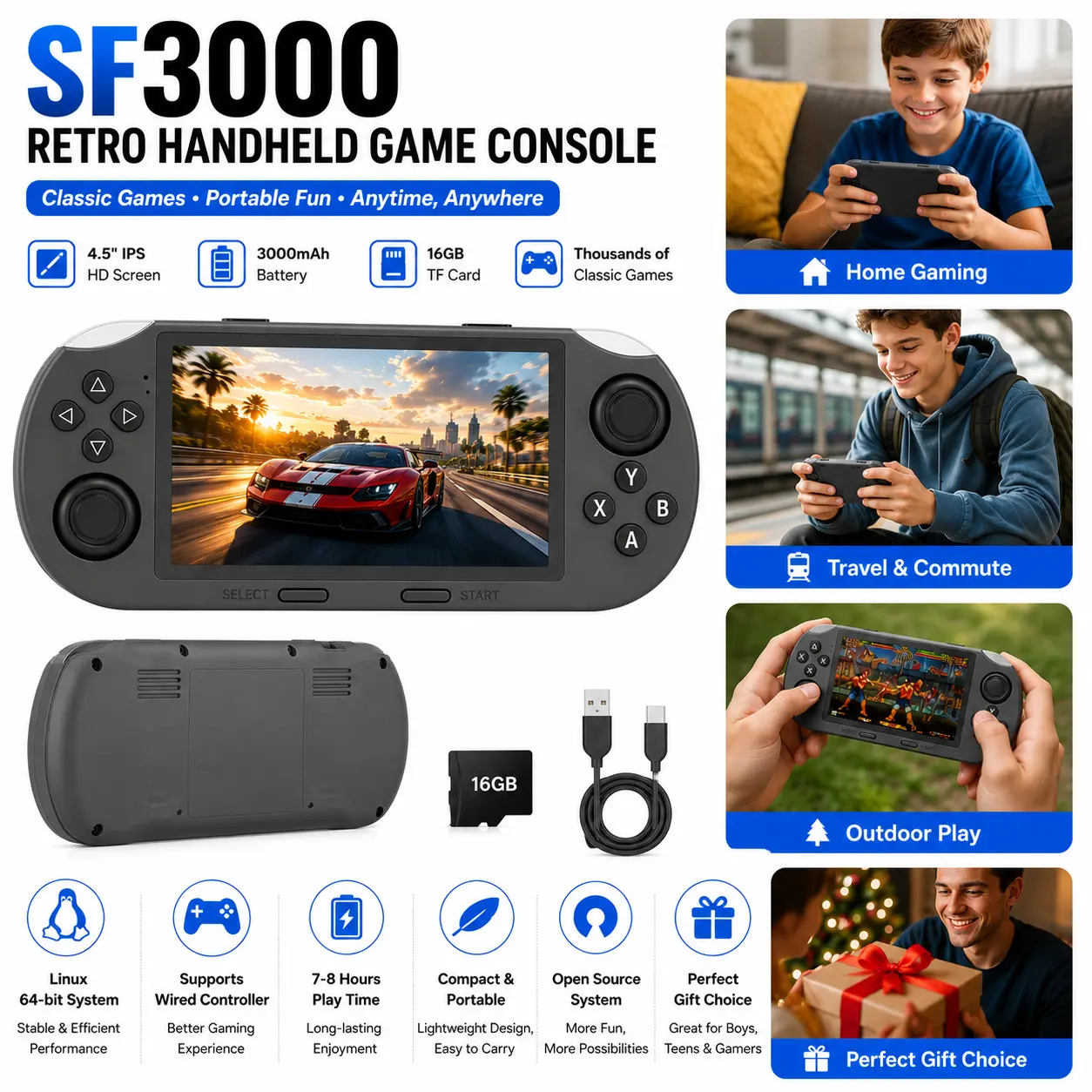 SF3000 Retro Handheld Game Console with 4.5 Inch IPS Screen, 3000mAh Rechargeable Battery, 16GB TF Card, Portable Retro Gaming Console, Classic Video Game Console for Boys, Teens, Gamer Gifts & Accessories