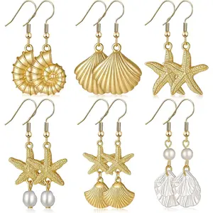 6 Pairs Beach Earrings Set for Women Seashell Starfish Clam Conch Earrings Gold Summer Ocean Beachy Coastal Jewelry